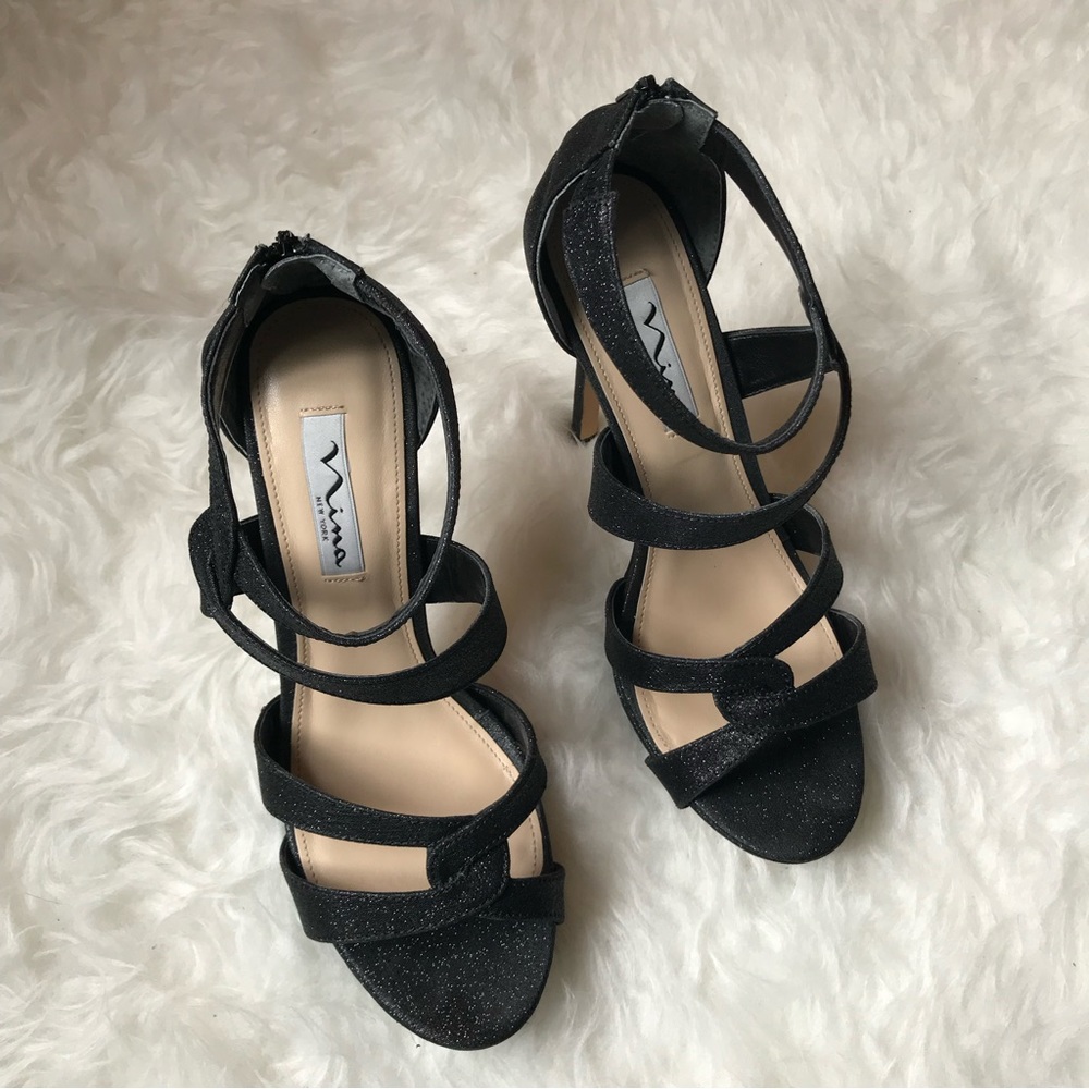 Nina black glitter open toe heels